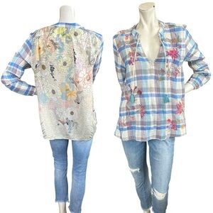 Johnny Was Viviana Effortless Blue White Plaid Floral Silk Print Back Size Small